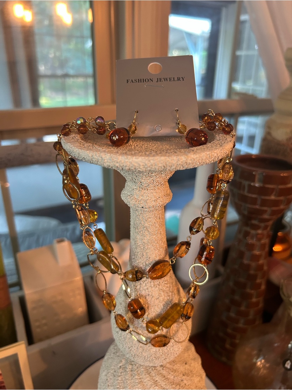 Fashion Jewelry Amber Bead Multi-Strand Necklace and Earrings Set